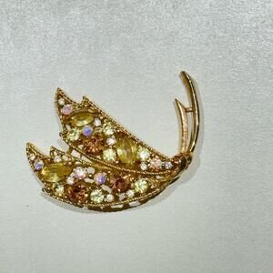 Rare Vintage Women's Emmons Gold-Tone AB Crystal Leaf Brooch